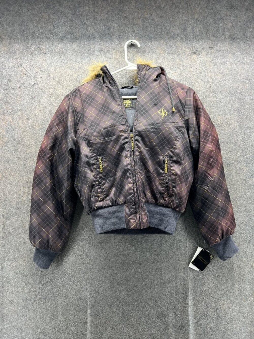 Vintage South Pole Jacket Womens Medium Gray Plaid Hooded Bomber Puffer Fur Trim